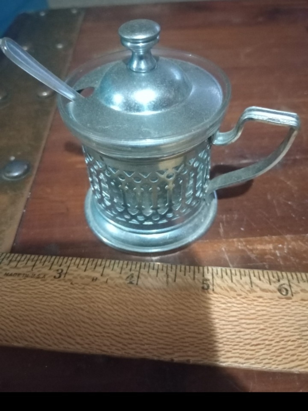Silver Metal Mustard Pot with Lid and Spoon - Classic Home Kitchen